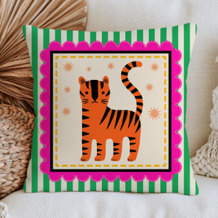 Cute Cartoony Tiger on Green Stripes Colourful Cushion