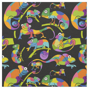 Cute Cartooon Chamelons Bright Colours on Black Fabric