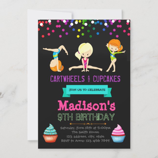 Cute cartwheels and cupcakes birthday invitation (Front)