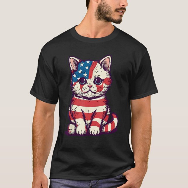 Cute Cat 4th Of July Hat Patriotic American Flag P T-Shirt (Front)