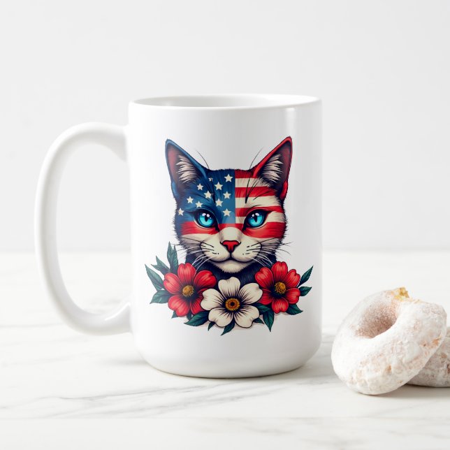 Cute Cat American Flag and Red Flowers Patriotic  Coffee Mug (With Donut)