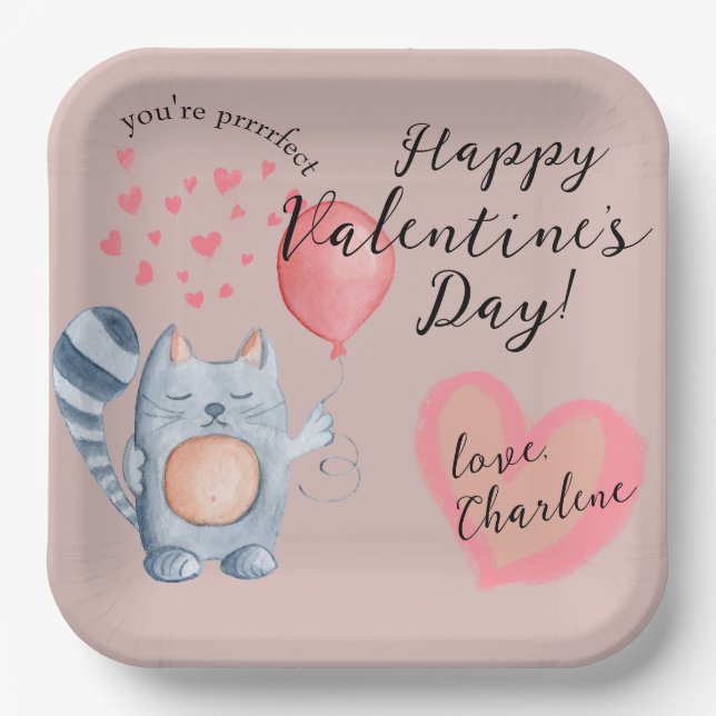 Cute Cat and Balloon Valentine's Day Paper Plate (Front)