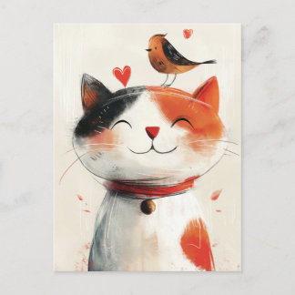Cute Cat and Bird Friends Postcard