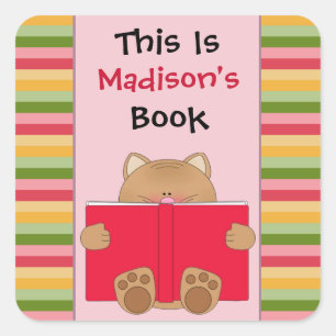 Cute Cat And Book Children's Bookplate Square Sticker