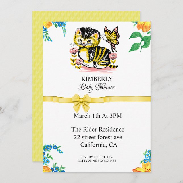 Cute Cat And Butterfly Baby Shower Invitation (Front/Back)