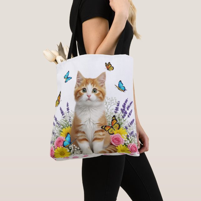 Cute Cat and Butterfly Tote Bag (Close Up)