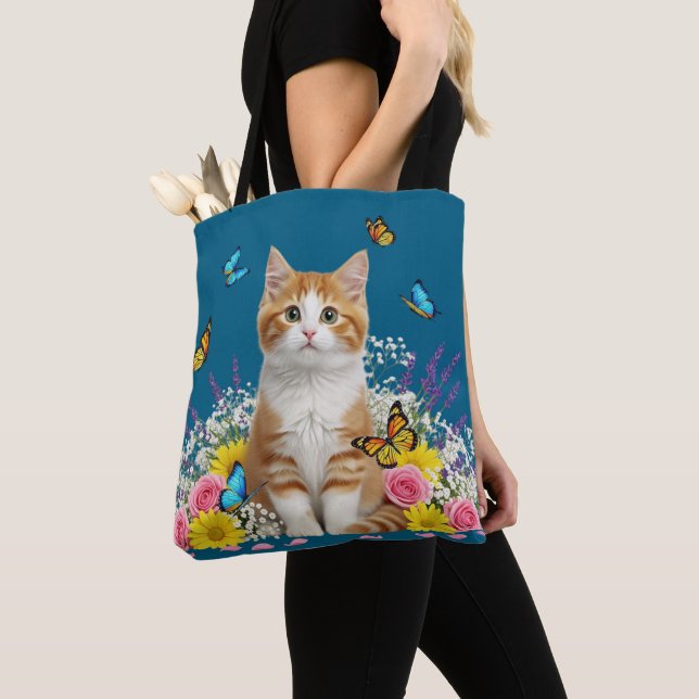 Cute Cat and Butterfly Tote Bag (Close Up)