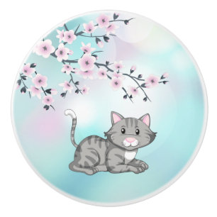 Cute Cat and Cherry Blossoms Turquoise Bokeh Cera Ceramic Knob