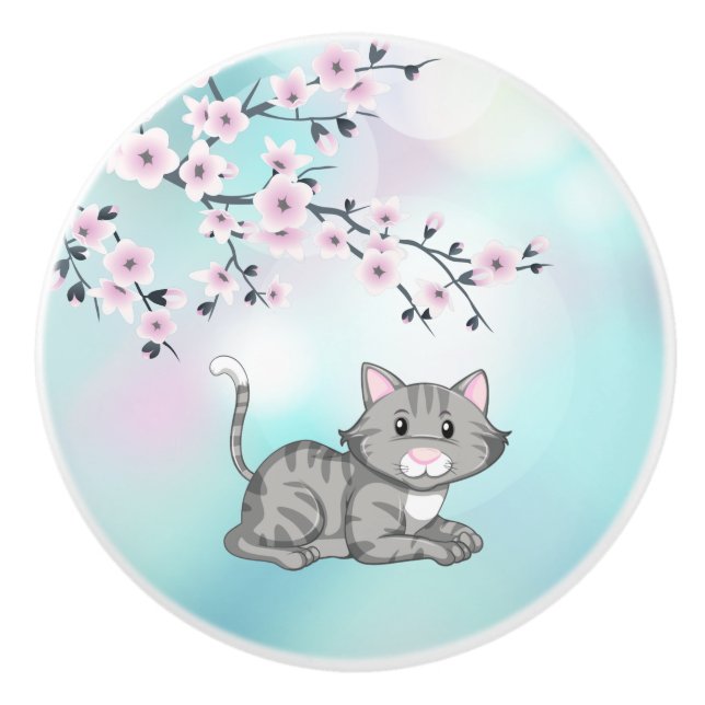 Cute Cat and Cherry Blossoms Turquoise  Girls Ceramic Knob (Front)