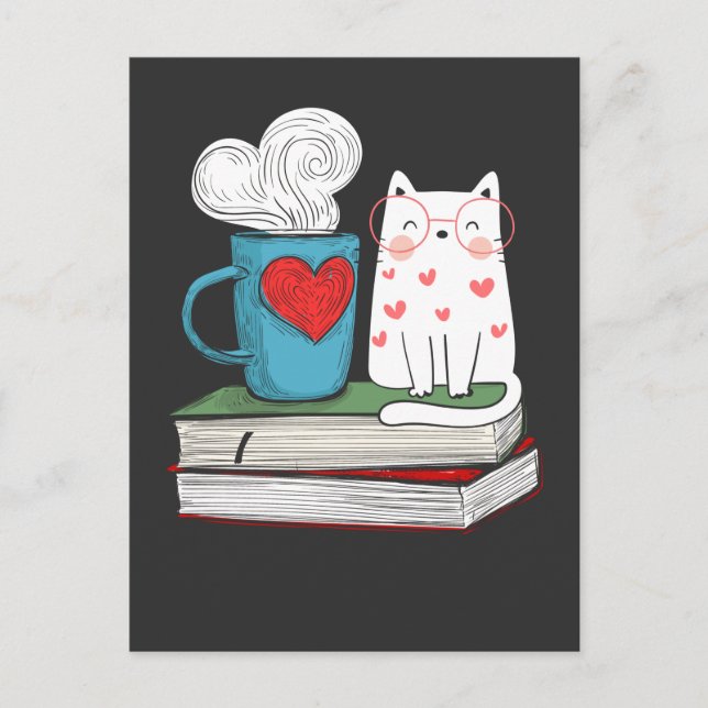 Cute Cat and Coffee Book Lover Literature Reading Postcard (Front)