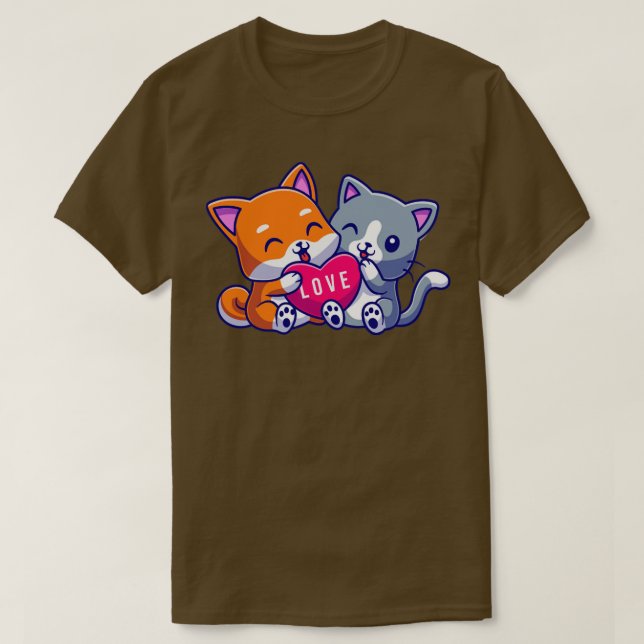 Cute Cat and Cute Dog Holding Love Cartoon T-Shirt (Design Front)