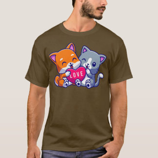 Cute Cat and Cute Dog Holding Love Cartoon T-Shirt