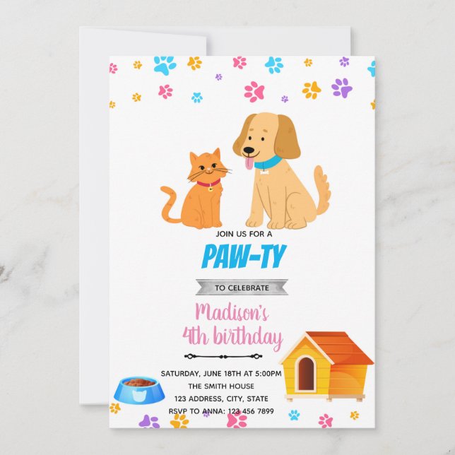 Cute cat and dog pet invitation (Front)
