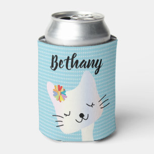 Cute Cat and Flowers Dotty Personalised Can Cooler