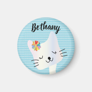 Cute Cat and Flowers Dotty Personalised Magnet