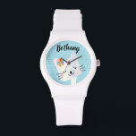 Cute Cat and Flowers Dotty Personalised Watch<br><div class="desc">Sweet smiley cat face on pastel dotty background.</div>
