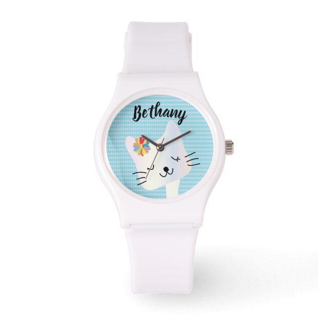 Cute Cat and Flowers Dotty Personalised Watch (Front)