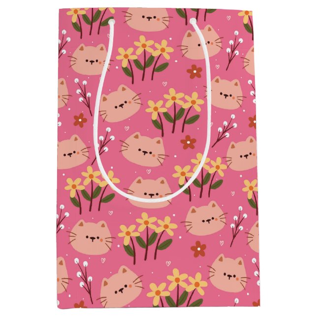 Cute Cat and Flowers Medium Gift Bag (Front)