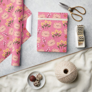 Cute Cat and Flowers Wrapping Paper