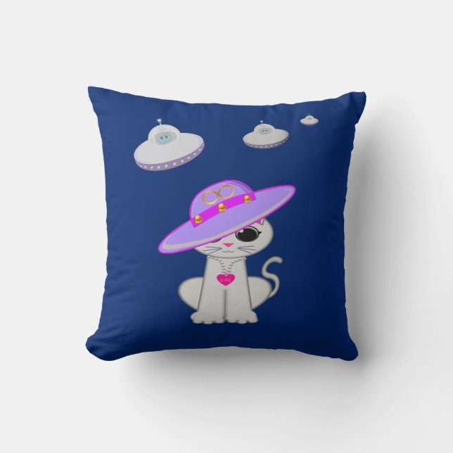 Cute Cat and Flying Saucers Cushion (Front)