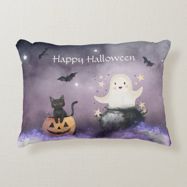 Cute Cat and Ghost Halloween Decorative Cushion (Front)