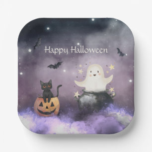 Cute Cat and Ghost Halloween Paper Plate