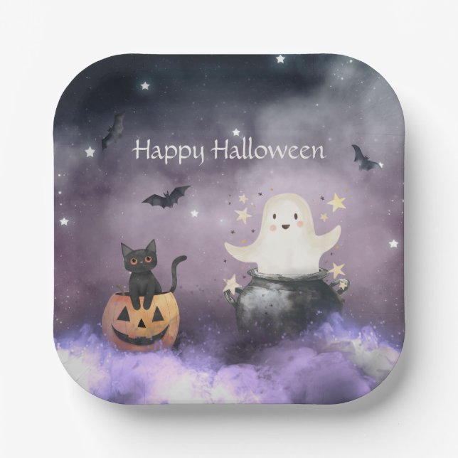 Cute Cat and Ghost Halloween Paper Plate (Front)