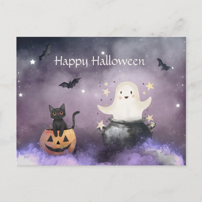 Cute Cat and Ghost Halloween Postcard (Front)