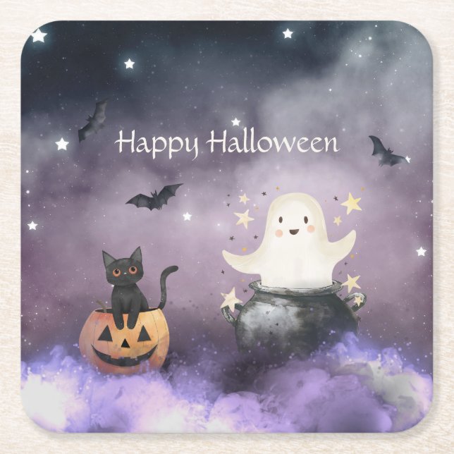 Cute Cat and Ghost Halloween Square Paper Coaster (Front)