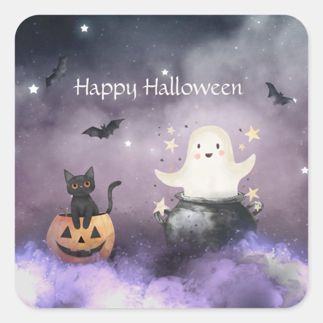Cute Cat and Ghost Halloween Square Sticker (Front)