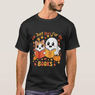 Cute Cat And Ghost Reading Halloween Books Scene T-Shirt