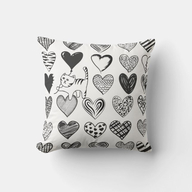 Cute Cat and Heart Black and White Pattern Cushion (Front)