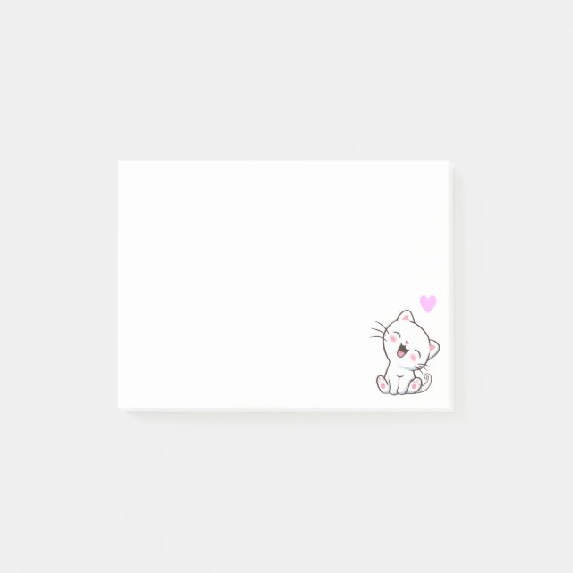 Cute Cat and Heart on White Post-it Notes (Front)