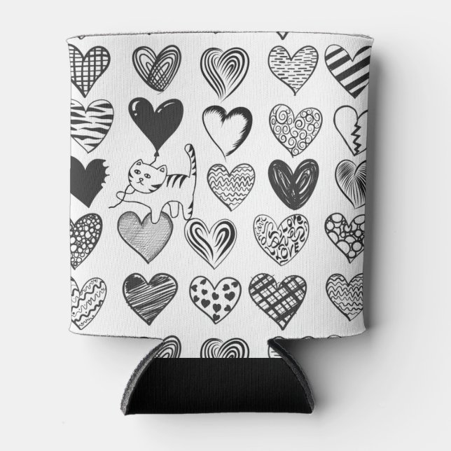 Cute Cat and Heart Pattern Illustration Can Cooler (Front)
