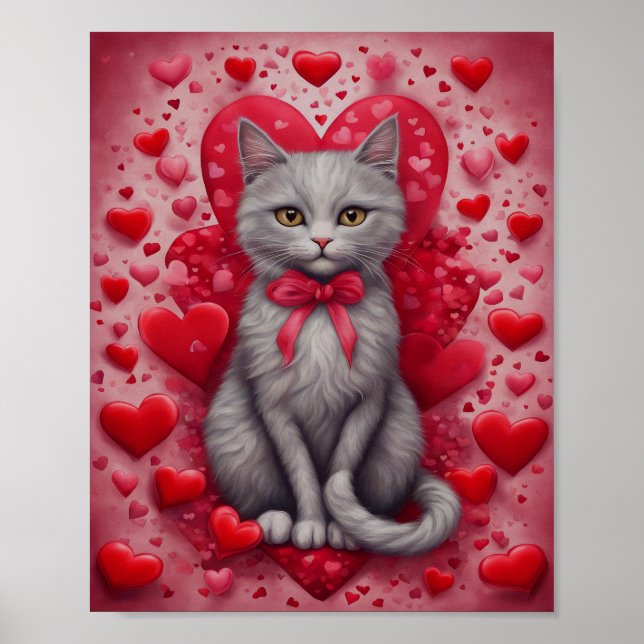 Cute Cat And Hearts Valentines Poster (Front)