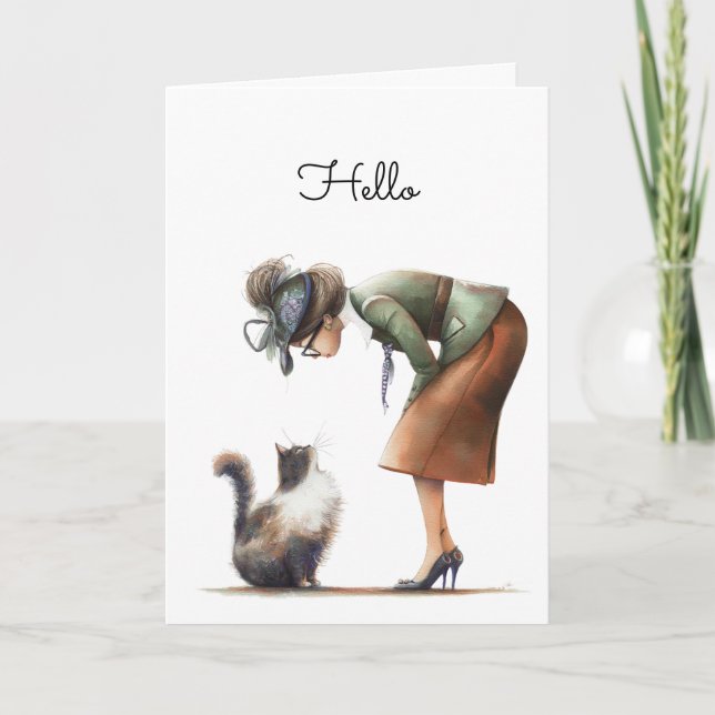 Cute Cat and Lady Whimsical Hello Greeting Card (Front)