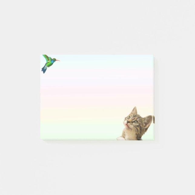 Cute Cat and Little Bird on Pastel Colour Post-it  Notes (Front)