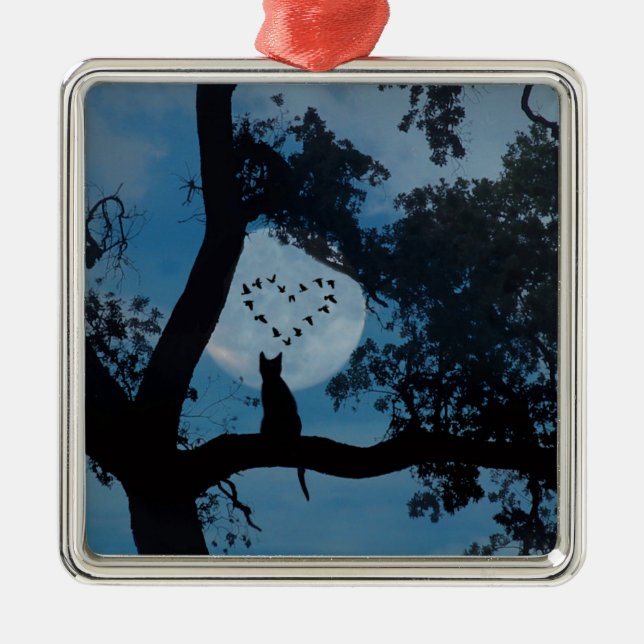 Cute Cat and Moon with Birds Heart Ceramic Ornamen Metal Ornament (Front)