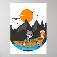 Cute Cat And Owl Fishing Boat Nature Art