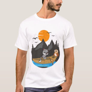 Cute Cat And Owl Fishing Boat Nature Art T-Shirt