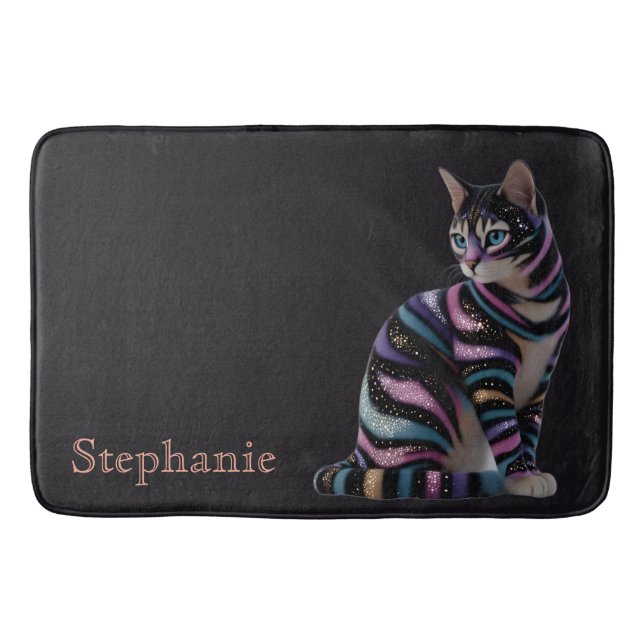 Cute Cat and Personalised Name Design Bath Mat (Front)