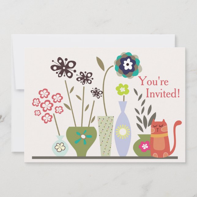 Cute Cat and Potted Flowers Birthday Invitation (Front)
