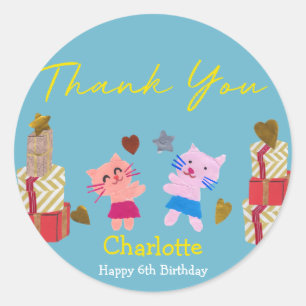 Cute cat and presents Blue birthday party Classic Round Sticker