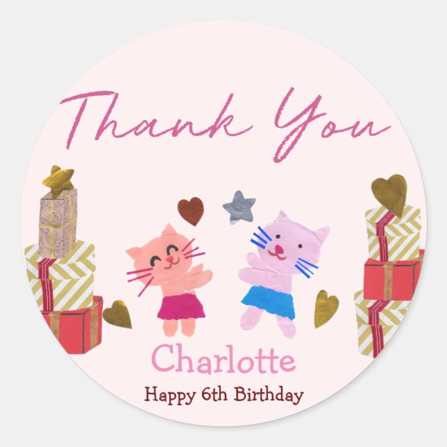 Cute cat and presents | Pink birthday party Classic Round Sticker (Front)