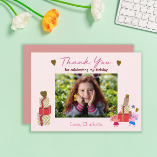 Cute cat and presents Pink birthday party Thank You Card
