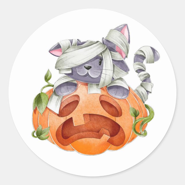 Cute Cat and Pumpkin Classic Round Sticker (Front)