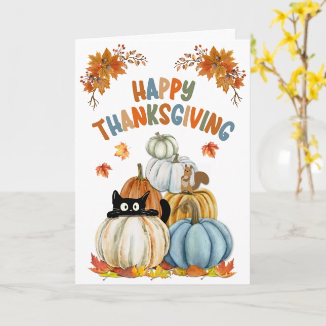 Cute Cat and Retro Pumpkins Happy Thanksgiving  Card (Yellow Flower)