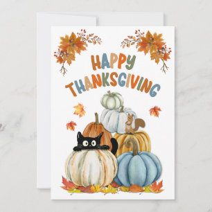 Cute Cat and Retro Pumpkins Happy Thanksgiving  Holiday Card
