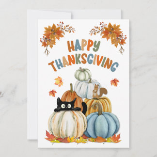 Cute Cat and Retro Pumpkins Happy Thanksgiving  Holiday Card