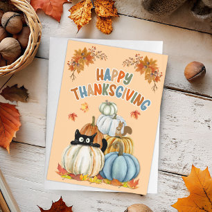 Cute Cat and Retro Pumpkins Happy Thanksgiving  Holiday Card